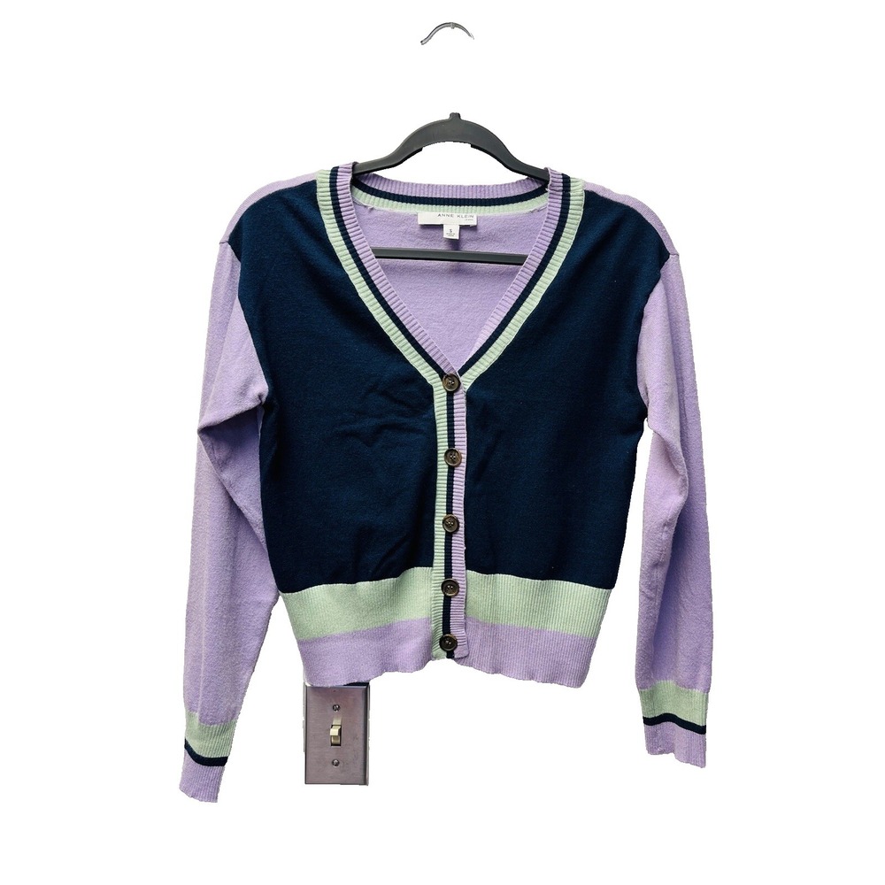Anne Klein Dempsey S Cardigan Sweater Navy Colorblock Academia Indie Y2K College